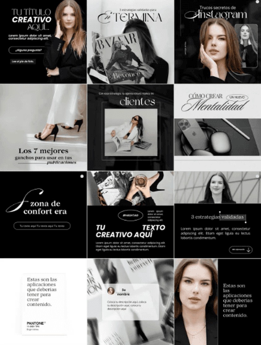 Mosaico de plantillas de feed de Pack Girl Boss en blanco y negro