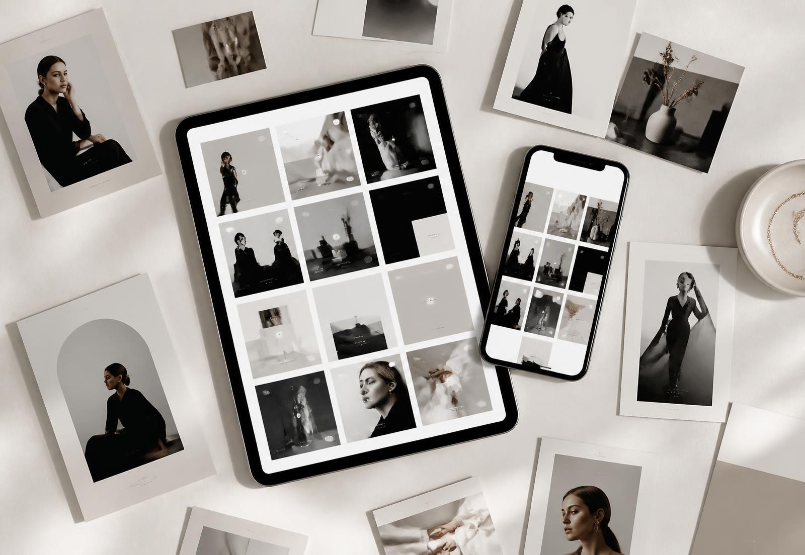 Plantillas de Pack Girl Boss presentadas en tablet, smartphone y láminas impresas